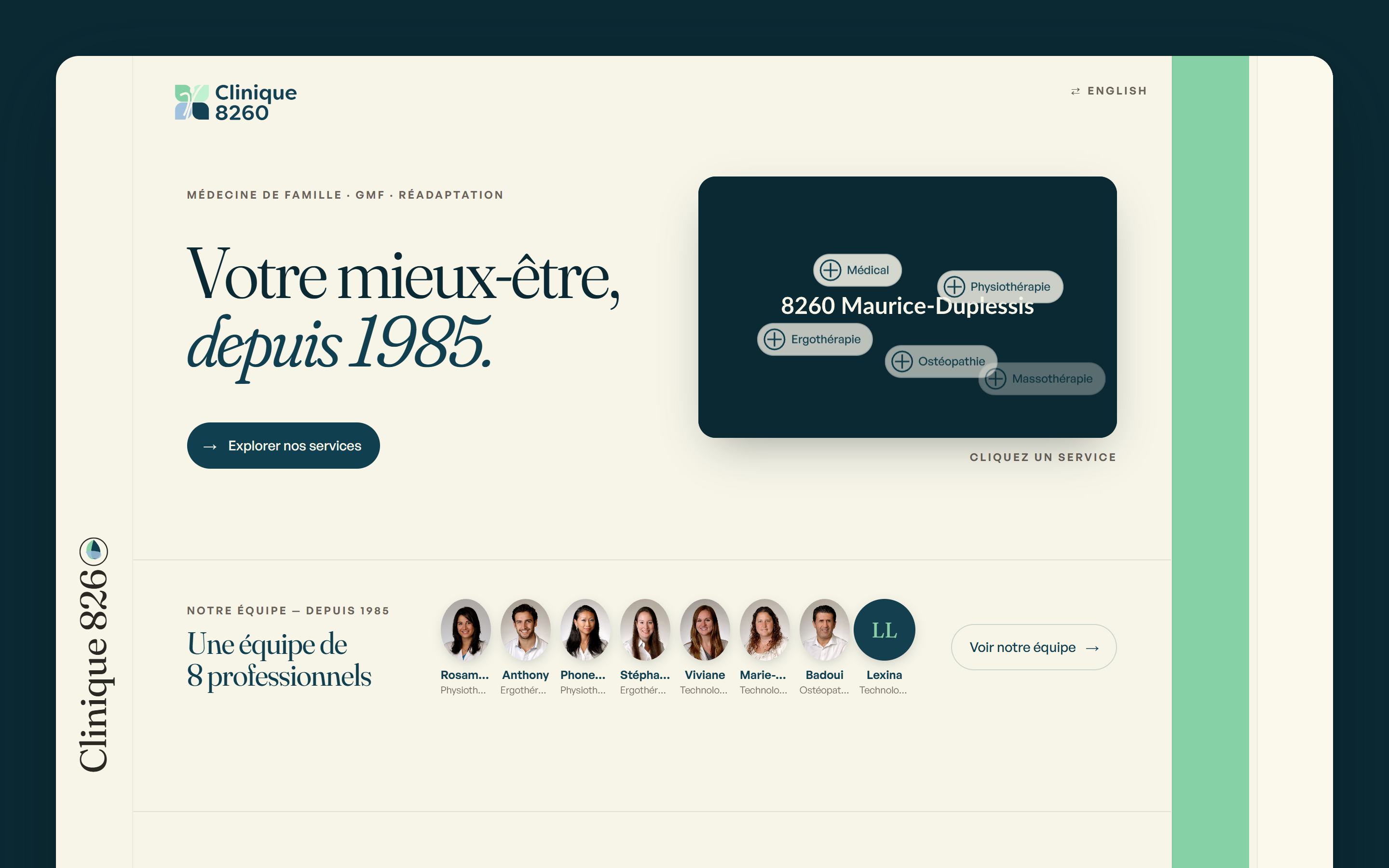 Homepage of the Clinique 8260 concept redesign — bilingual family-medicine clinic site
